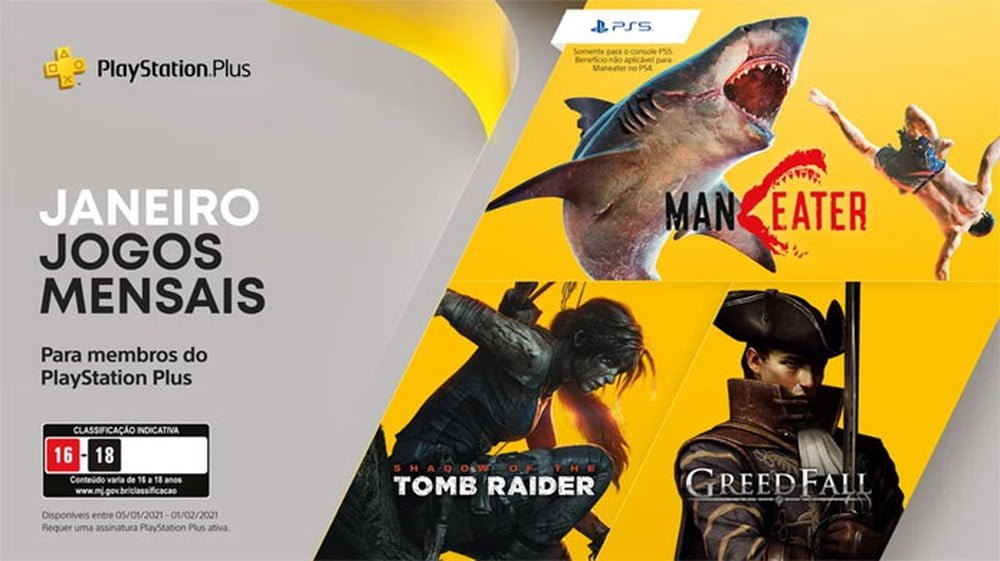 PS Plus terá Maneater e Tomb Raider grátis em janeiro de 2021