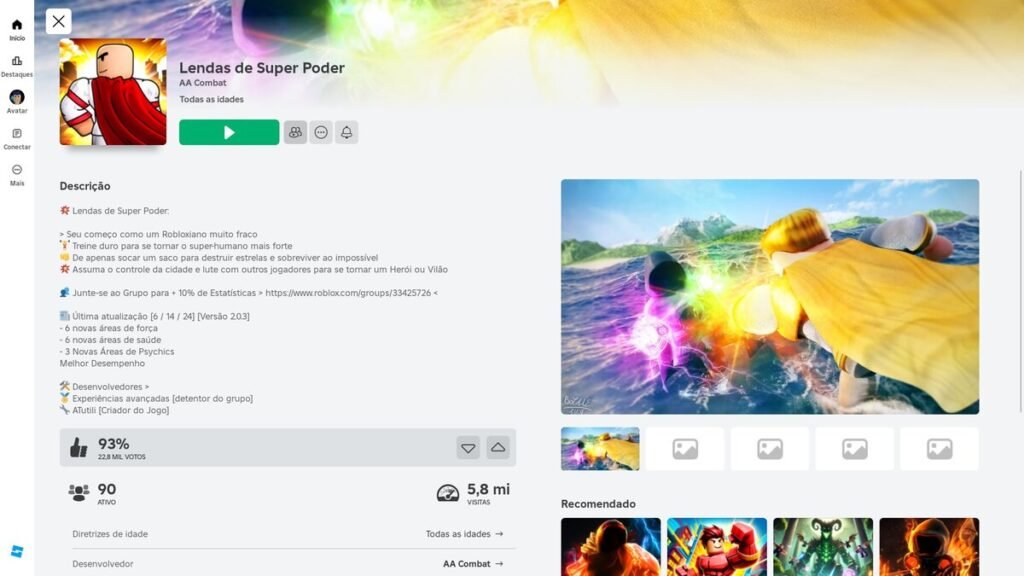 página do jogo no roblox