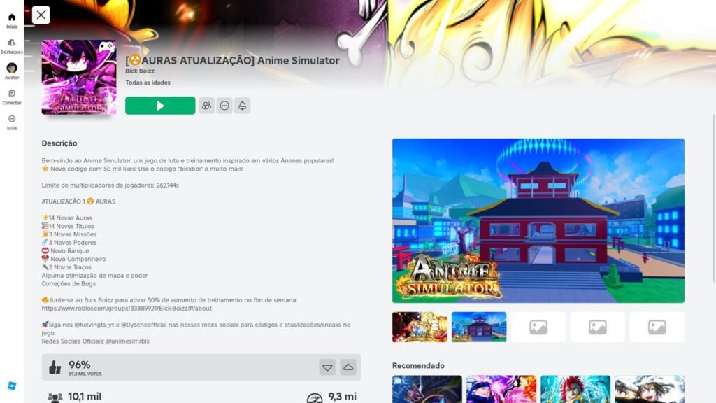 página do jogo no roblox