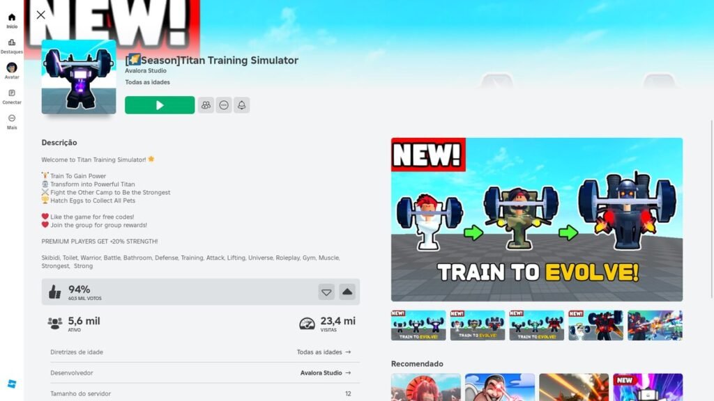 página do jogo no roblox