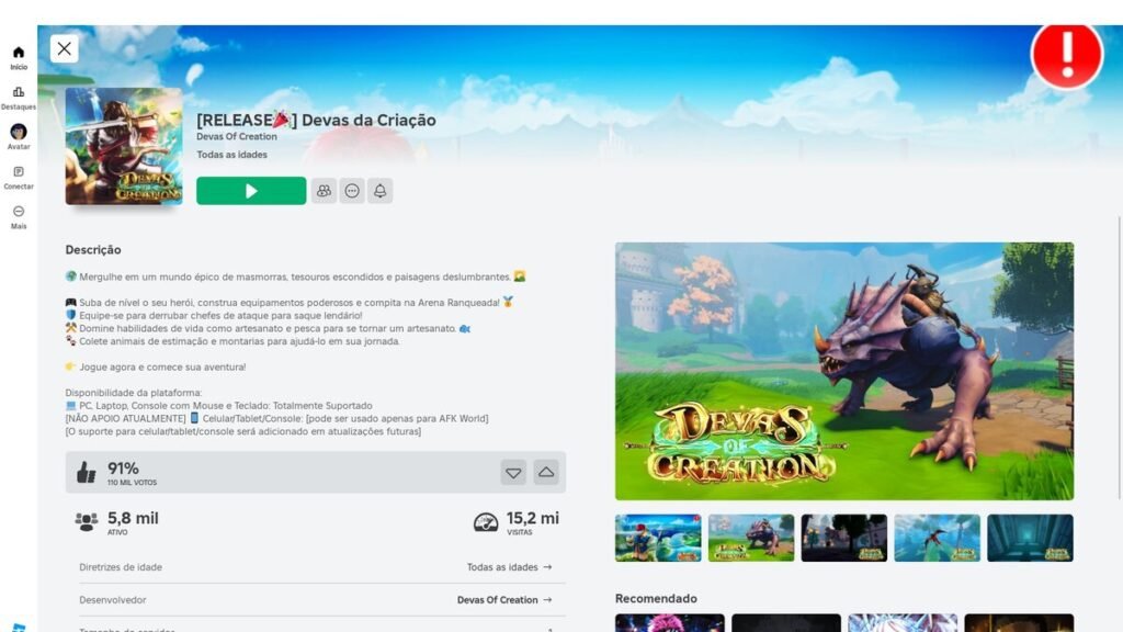 página do jogo no Roblox