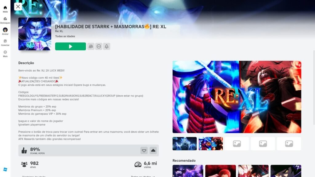 página do jogo no Roblox