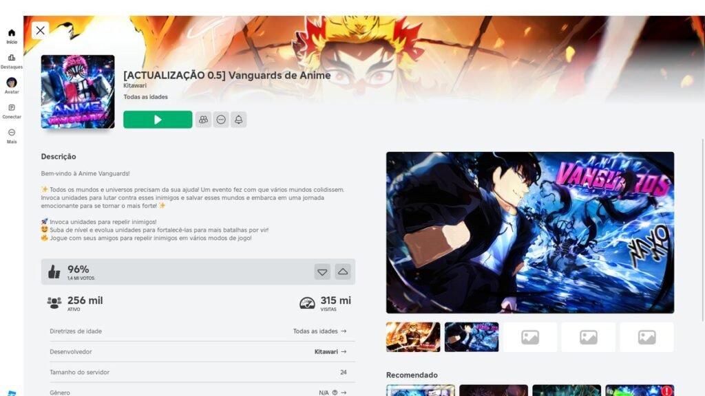 página do jogo no Roblox