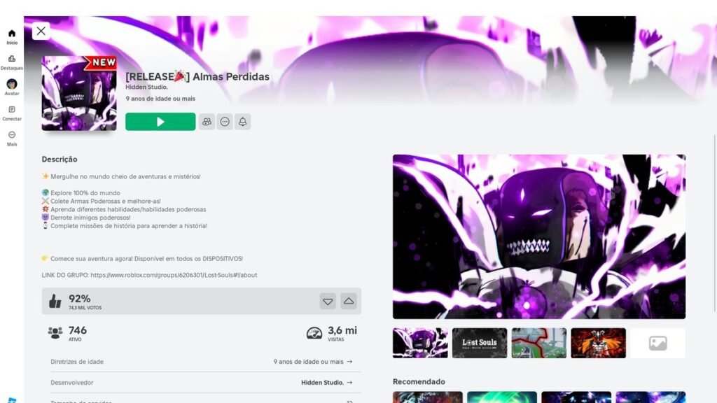 página do jogo no Roblox