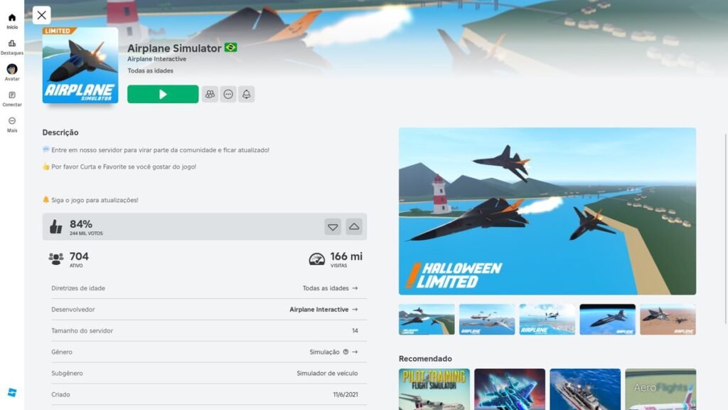 página do jogo no Roblox