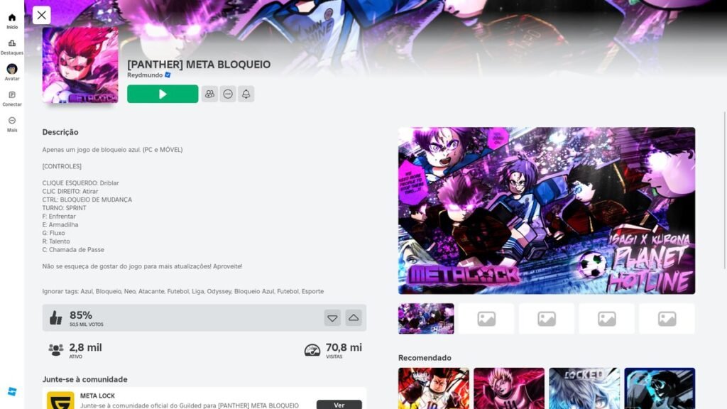 página do jogo no Roblox