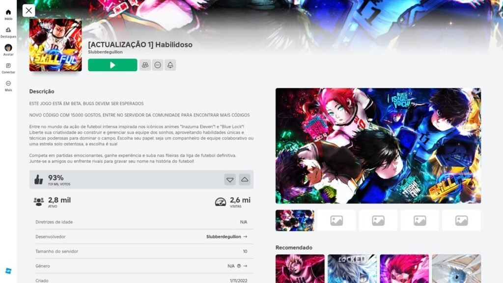 página do jogo no Roblox