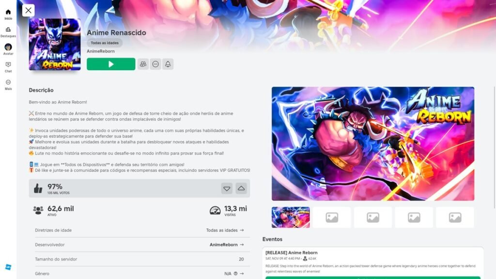 página do jogo no Roblox
