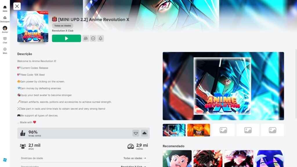 página do jogo no Roblox