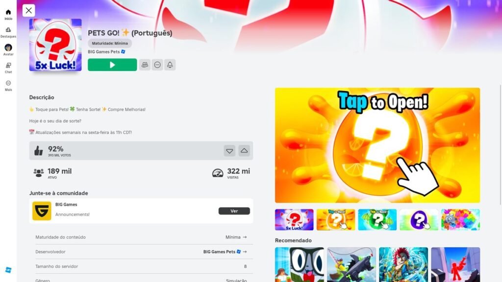 página do jogo no Roblox