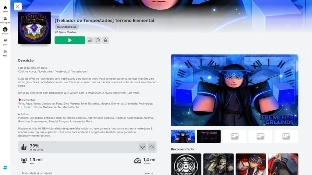 página do jogo no Roblox