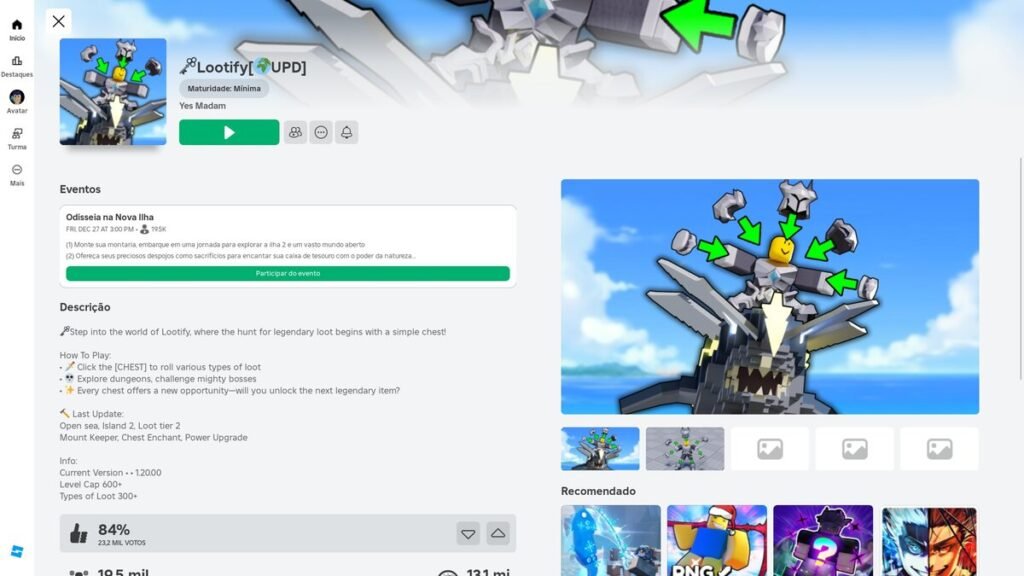 página do jogo no Roblox