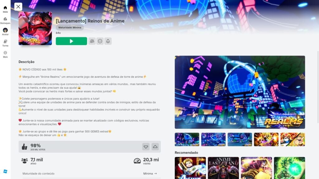 página do jogo no Roblox