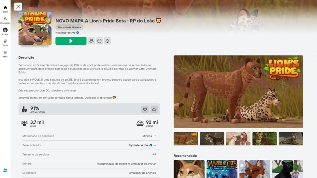 página do jogo no Roblox