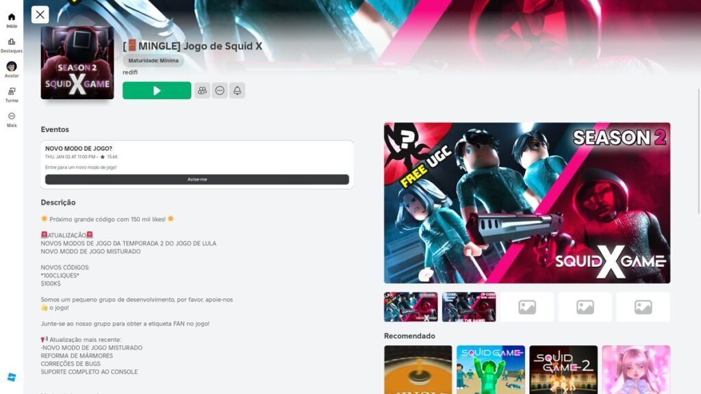 página do jogo no Roblox
