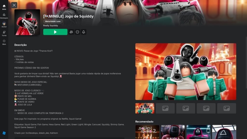 página do jogo no Roblox