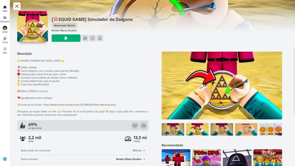 página do jogo no Roblox