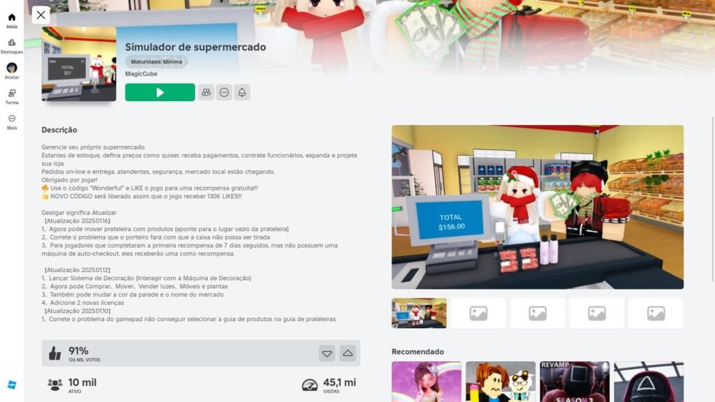 página do jogo no Roblox