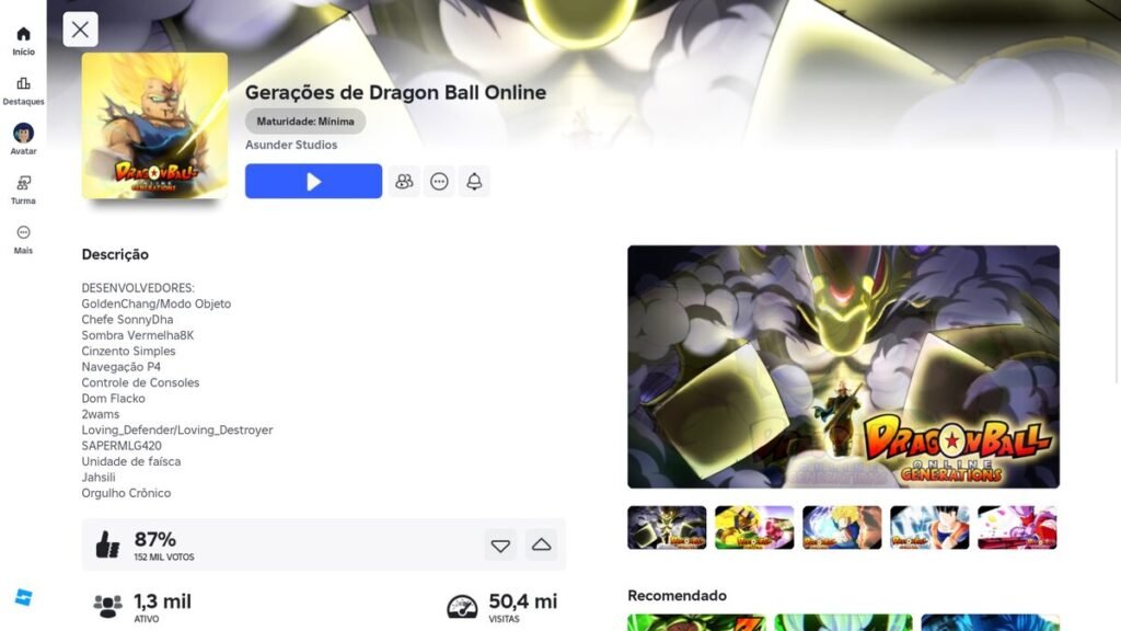 página do jogo no Roblox