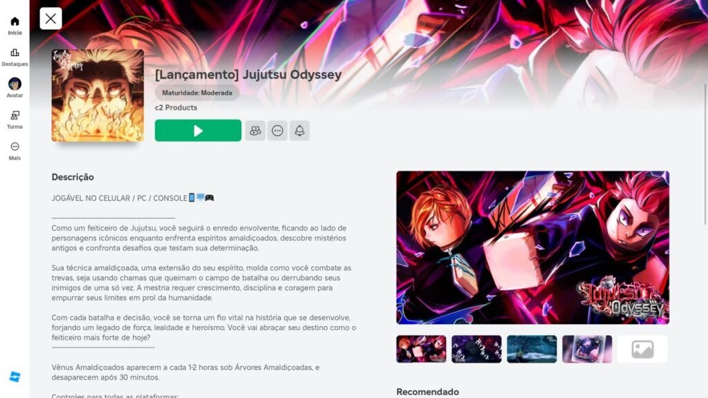página do jogo no Roblox