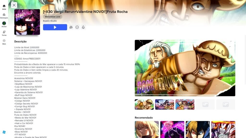 página do jogo no Roblox