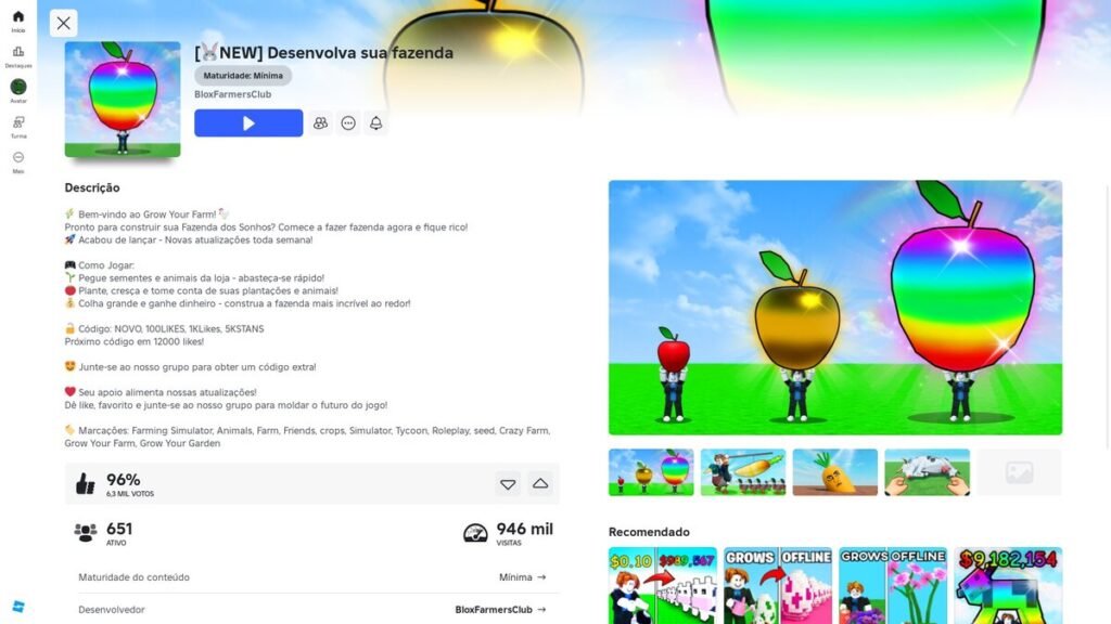 página do jogo no Roblox