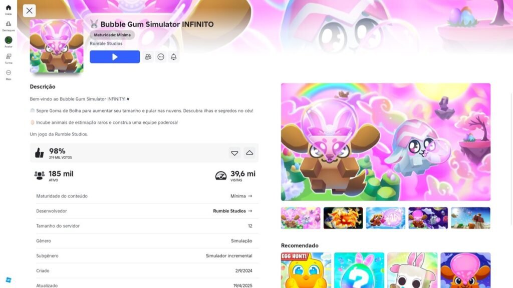 página do jogo no Roblox