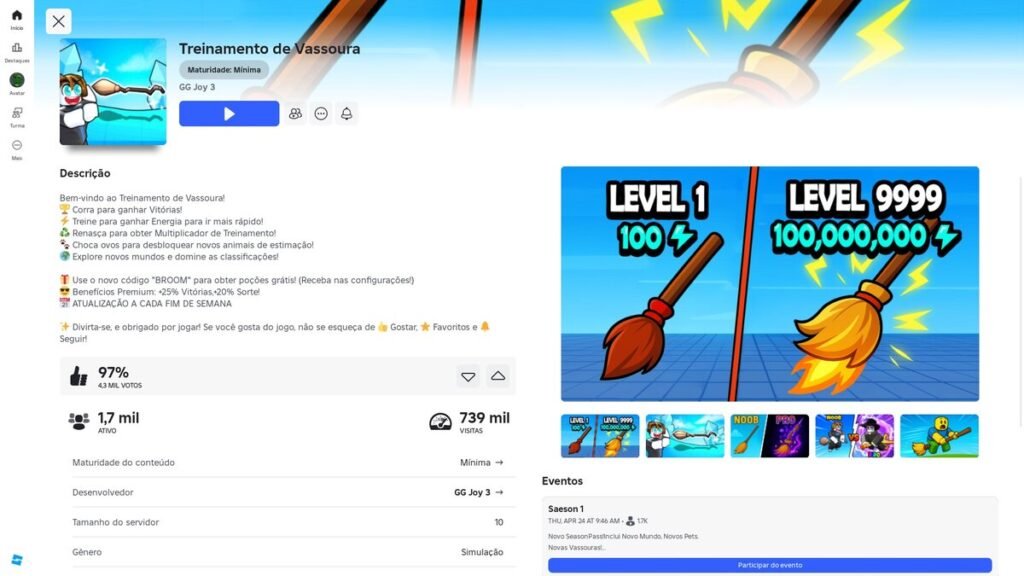página do jogo no Roblox