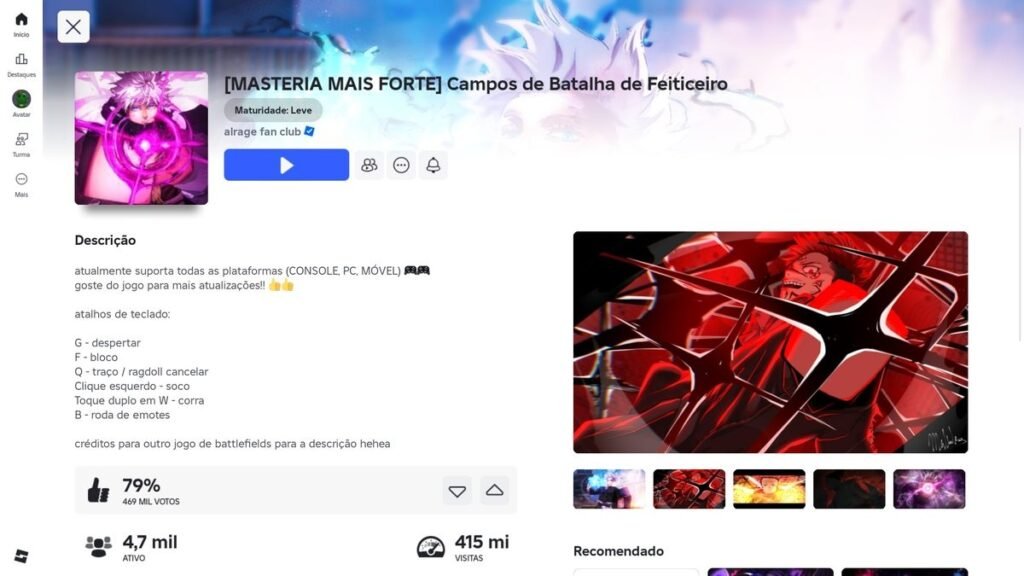 página do jogo no Roblox