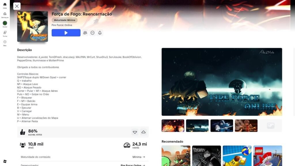 página do jogo no Roblox
