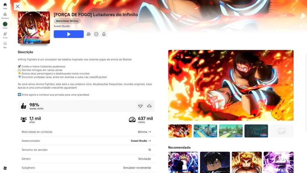 página do jogo no Roblox