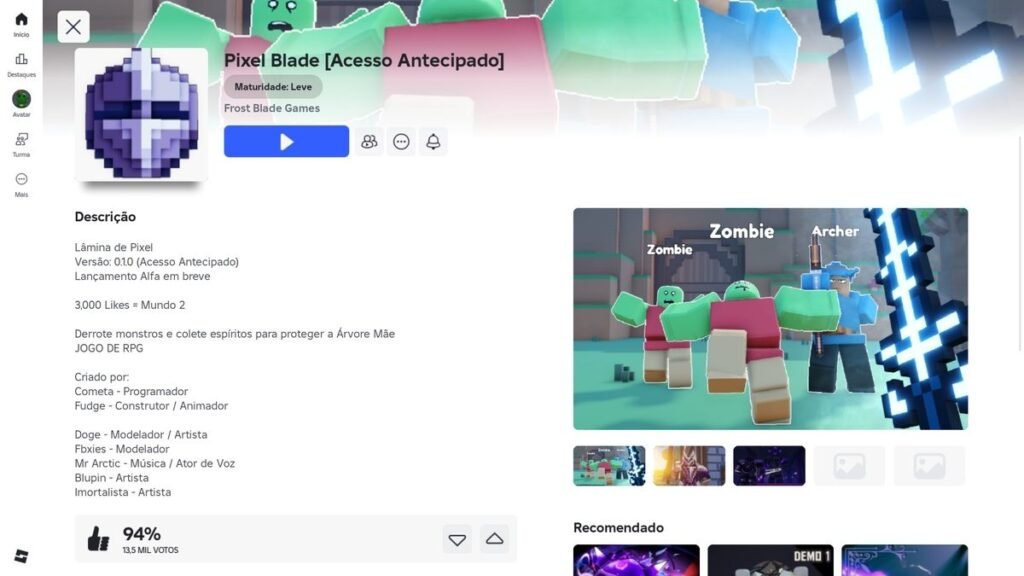 página do jogo no Roblox