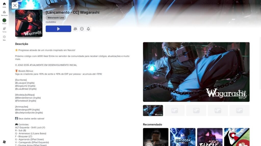 página do jogo no Roblox