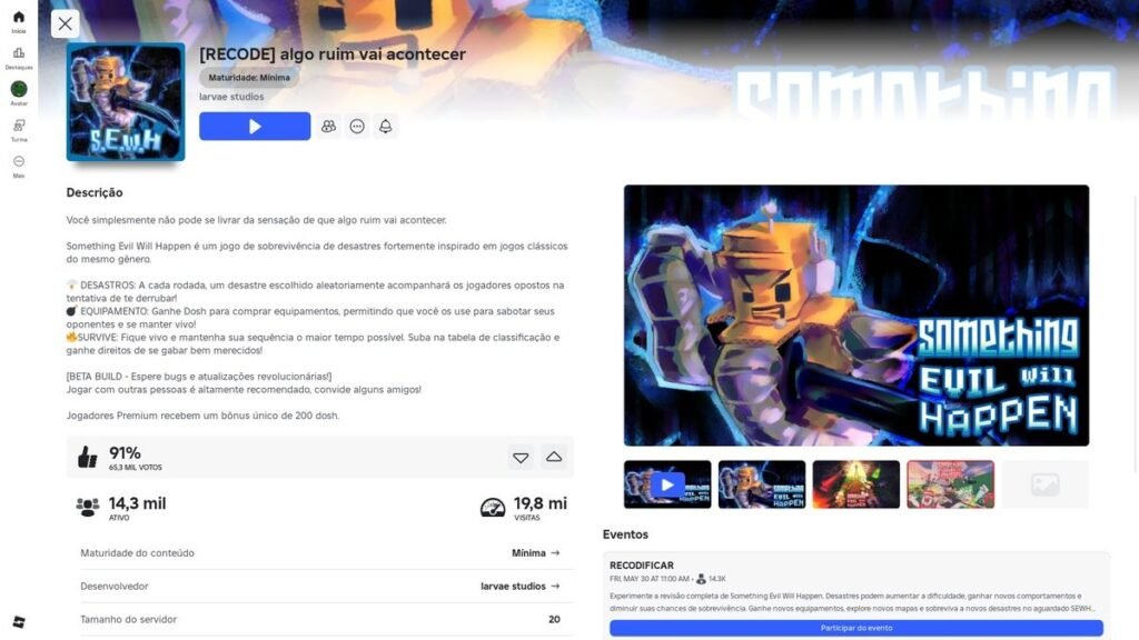 página do jogo no Roblox