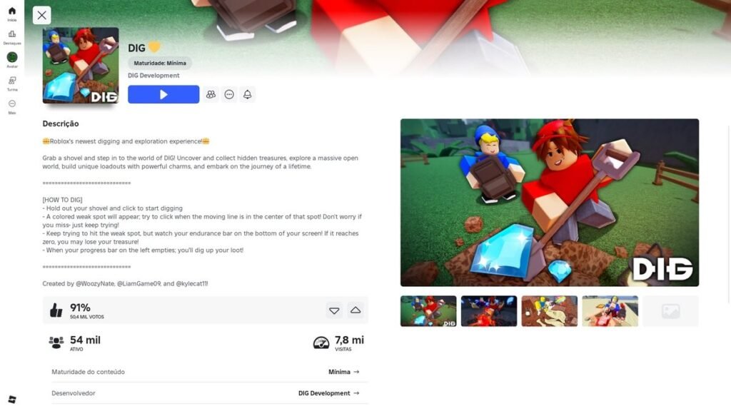 página do jogo no Roblox