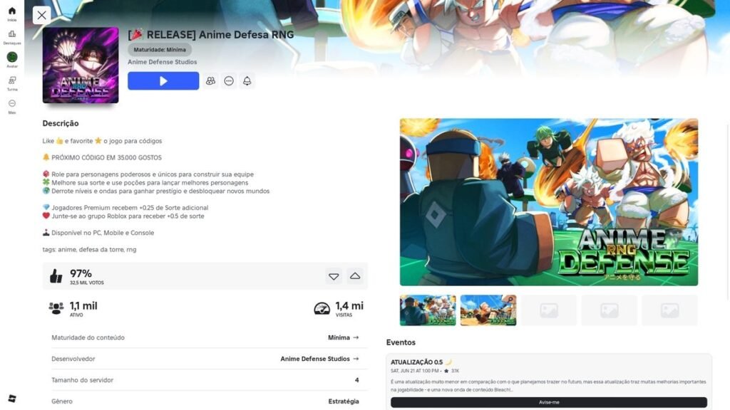 página do jogo no Roblox
