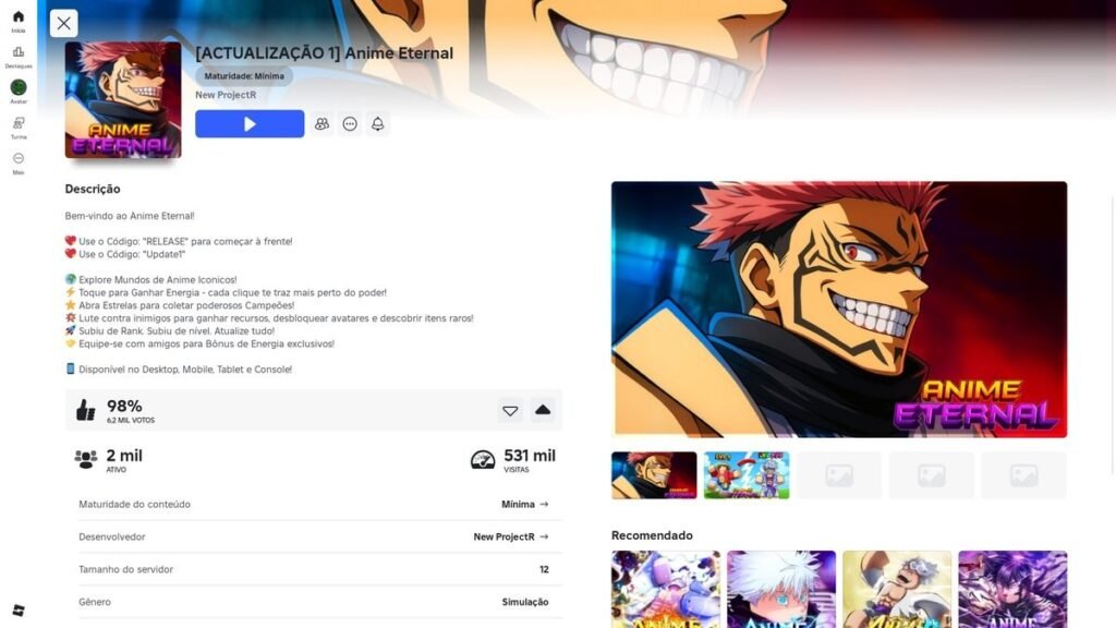 página do jogo no Roblox