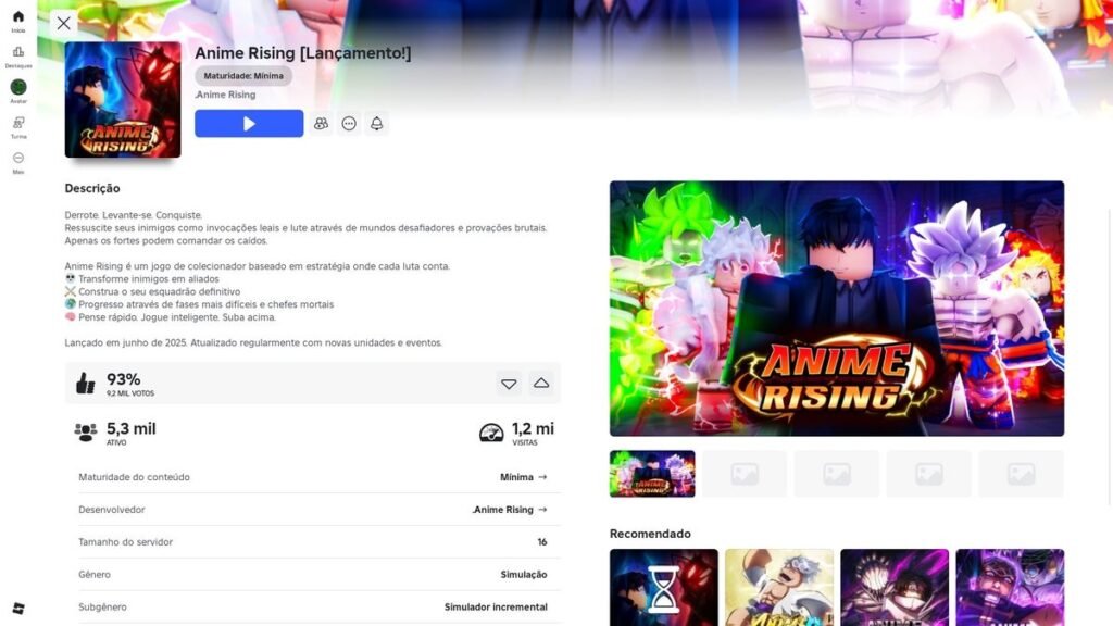 página do jogo no Roblox