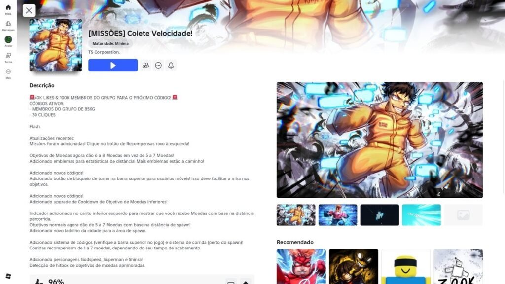página do jogo no Roblox