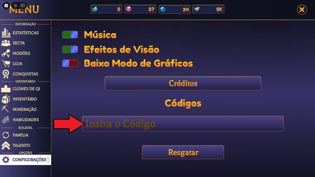 códigos no jogo