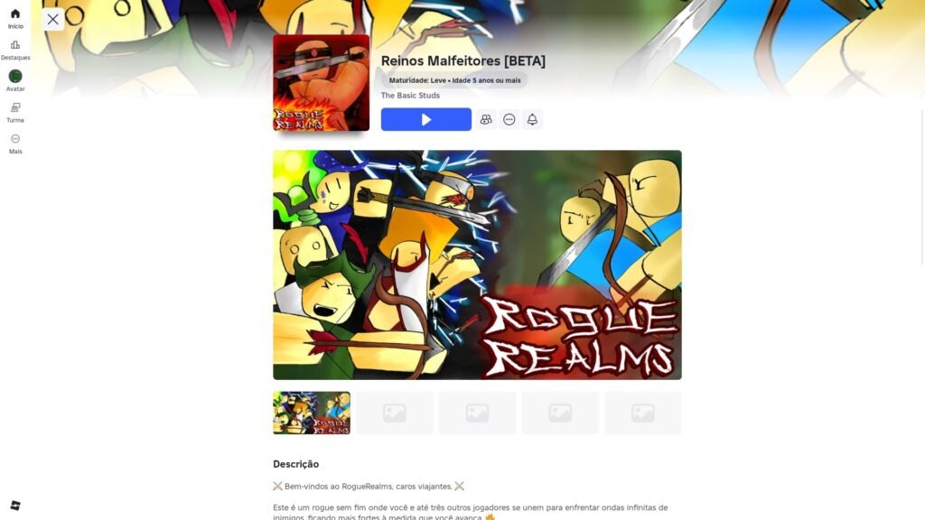 página do jogo no Roblox