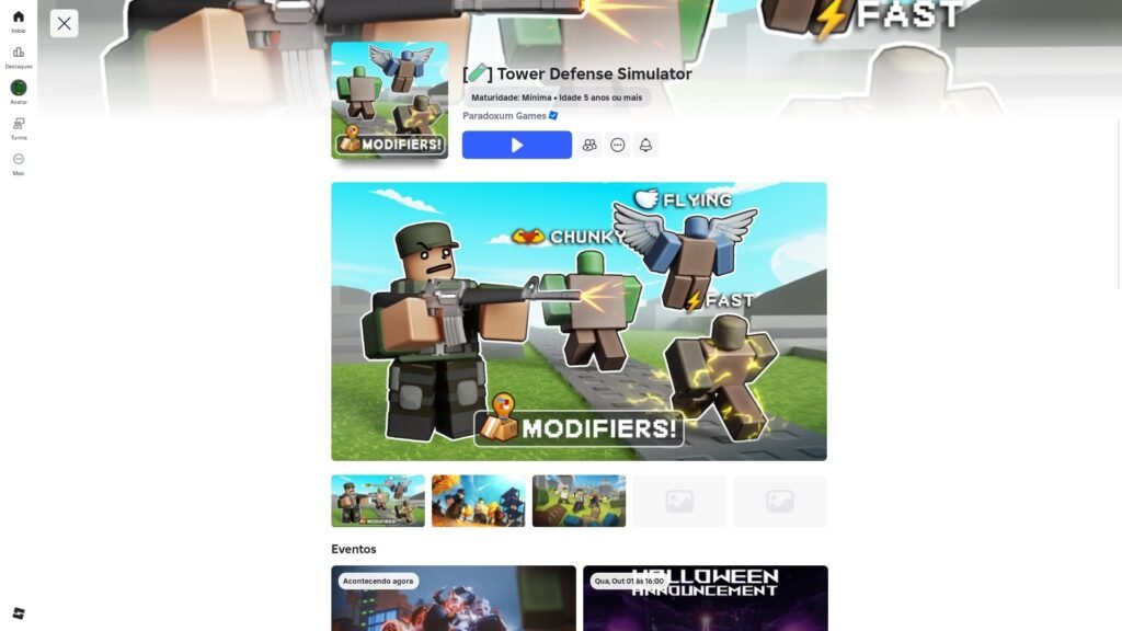 página do jogo no Roblox
