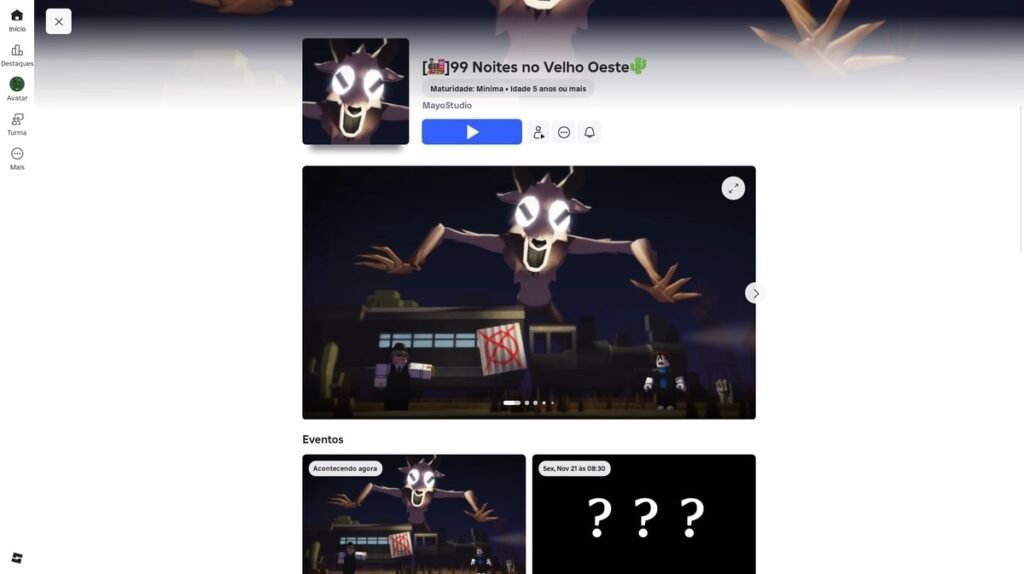 página do jogo no Roblox