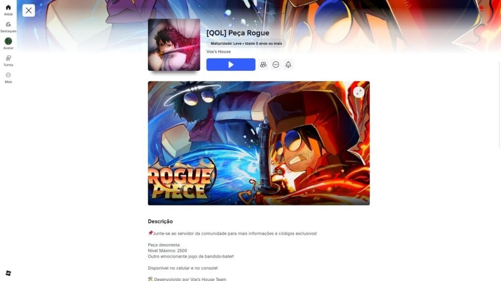 página do jogo no Roblox