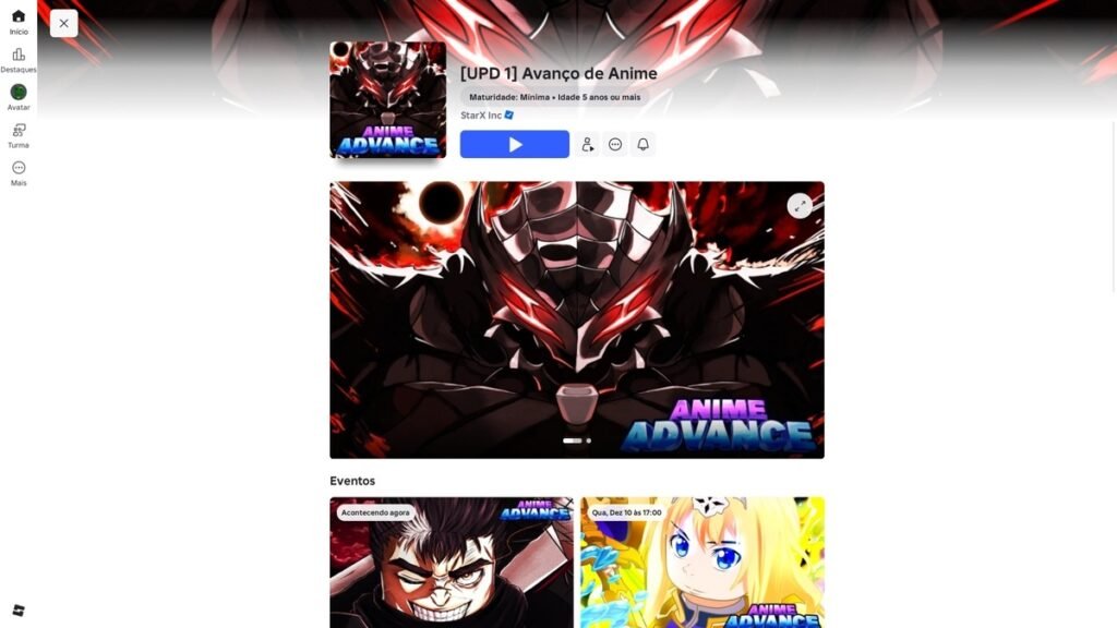 página do jogo no Roblox