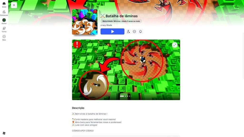 página do jogo no Roblox